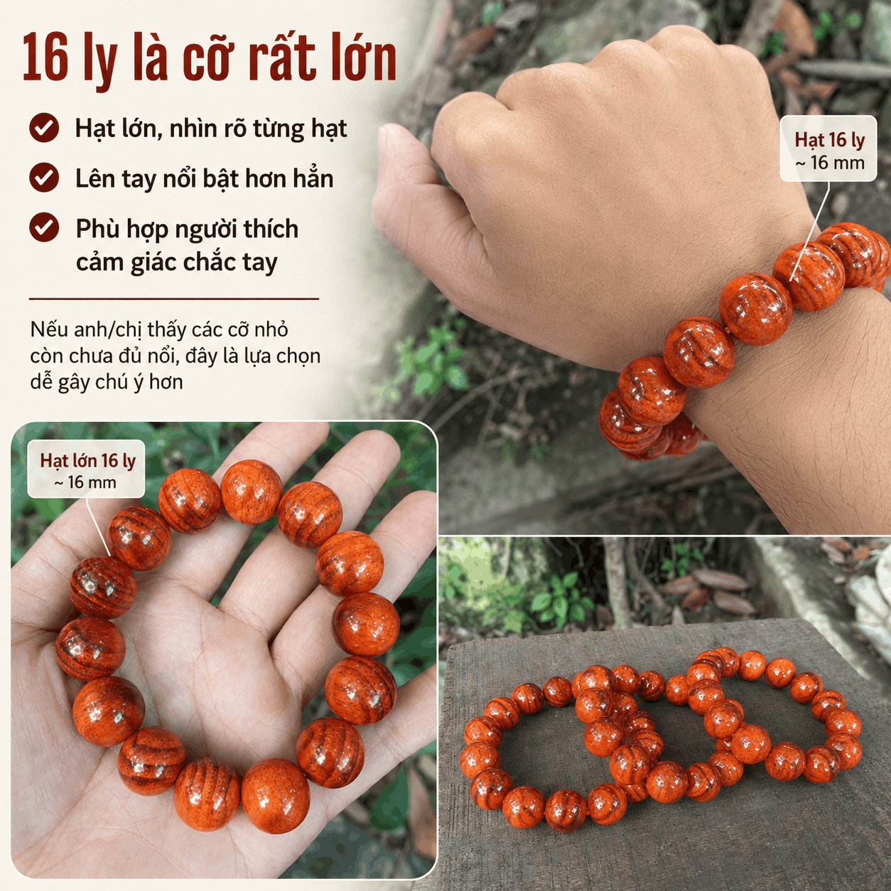 Vòng Tay Gỗ Huyết Long 16 Ly Hạt Rất Lớn, Nổi Bật