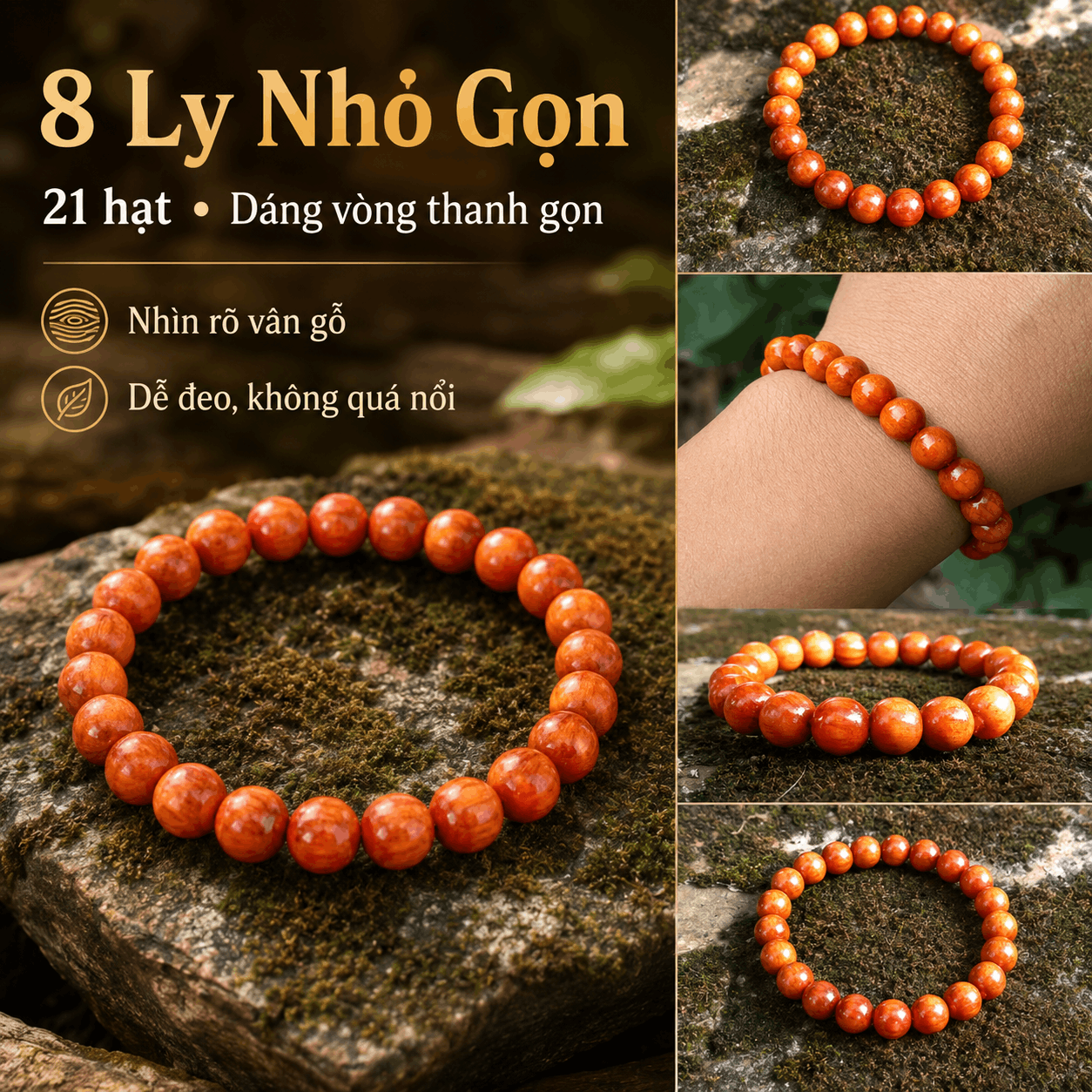 Vòng Tay Gỗ Huyết Long 8 Ly Nhỏ Gọn, 21 Hạt