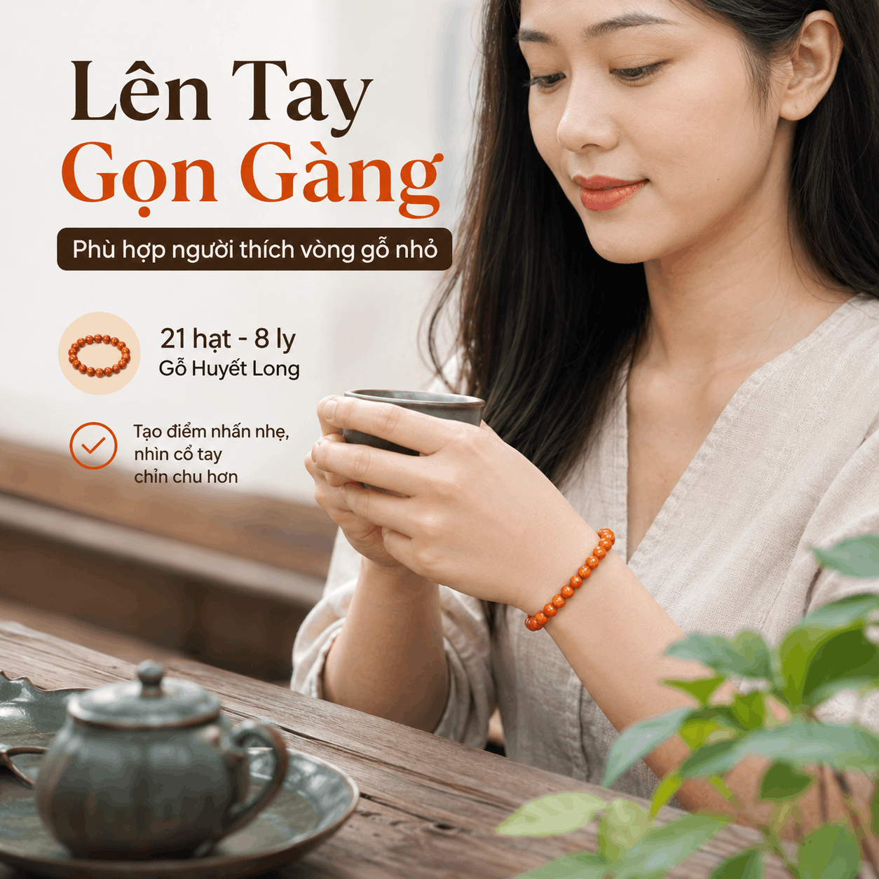 Vòng Tay Gỗ Huyết Long 8 Ly Nhỏ Gọn, 21 Hạt