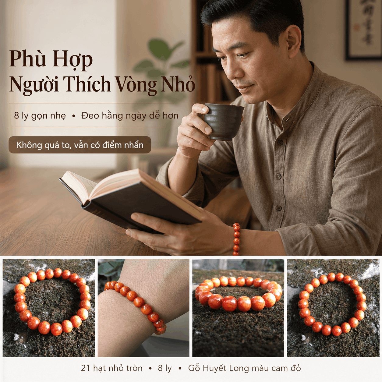 Vòng Tay Gỗ Huyết Long 8 Ly Nhỏ Gọn, 21 Hạt