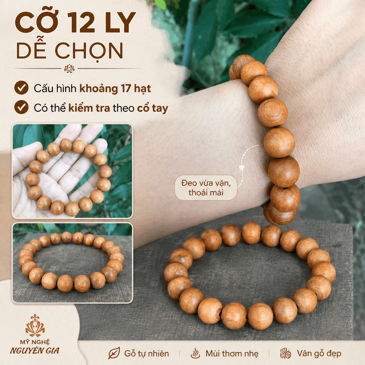 Vòng Tay Gỗ Ngọc Am 12 Ly Gọn, Dễ Đeo Hằng Ngày