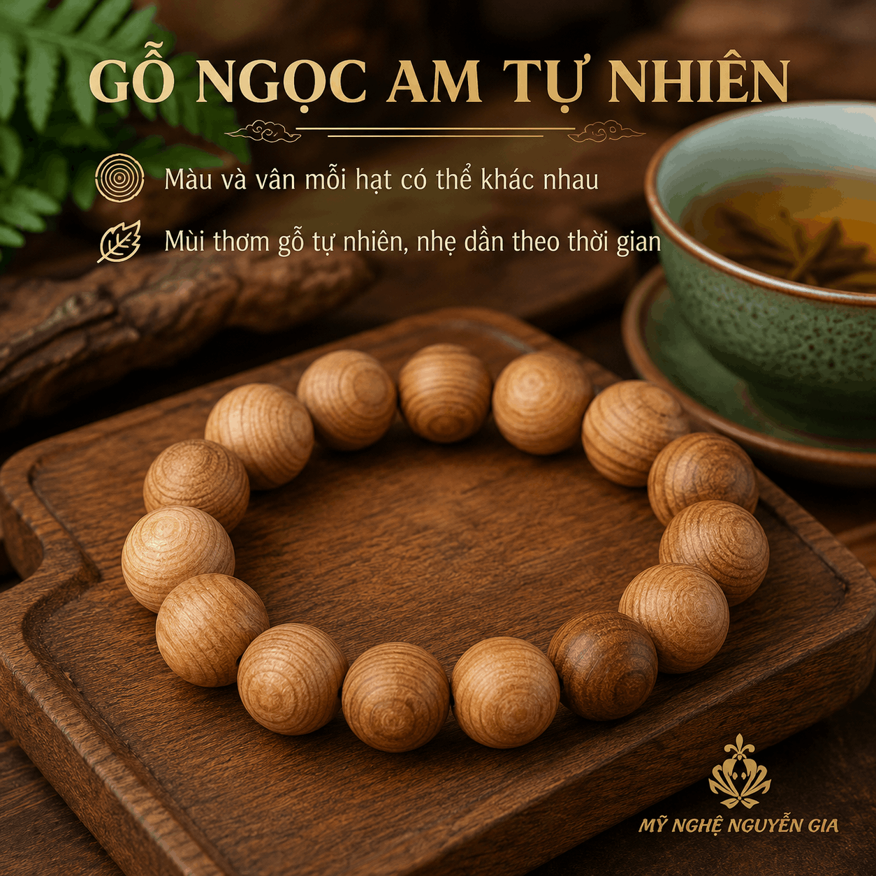 Vòng Tay Gỗ Ngọc Am 14 Ly Hạt Lớn Vừa, Nổi Rõ Trên Tay