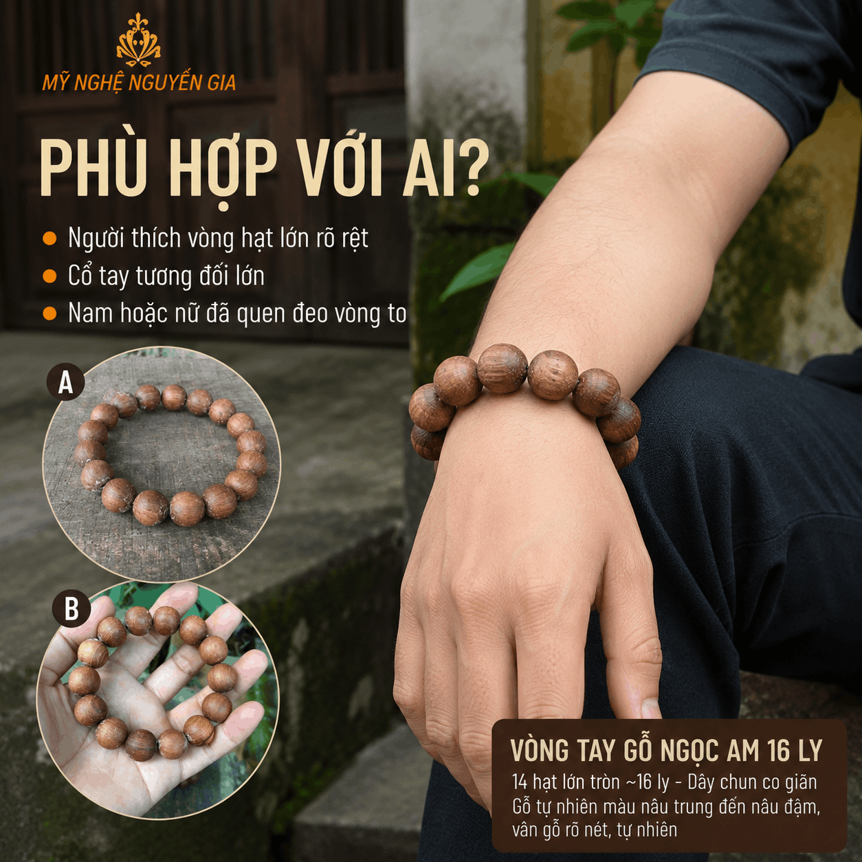 Vòng Tay Gỗ Ngọc Am 16 Ly Hạt Lớn, Nổi Bật Trên Tay
