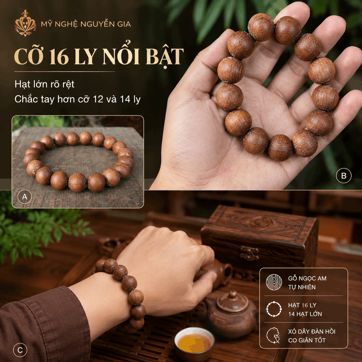 Vòng Tay Gỗ Ngọc Am 16 Ly Hạt Lớn, Nổi Bật Trên Tay