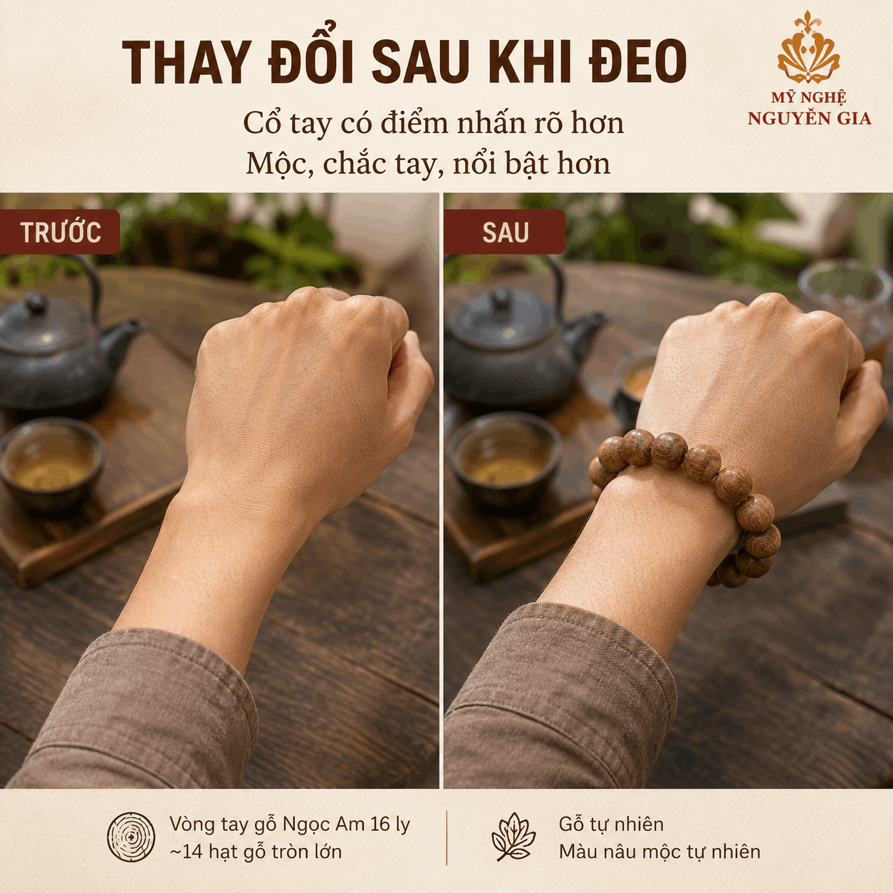 Vòng Tay Gỗ Ngọc Am 16 Ly Hạt Lớn, Nổi Bật Trên Tay