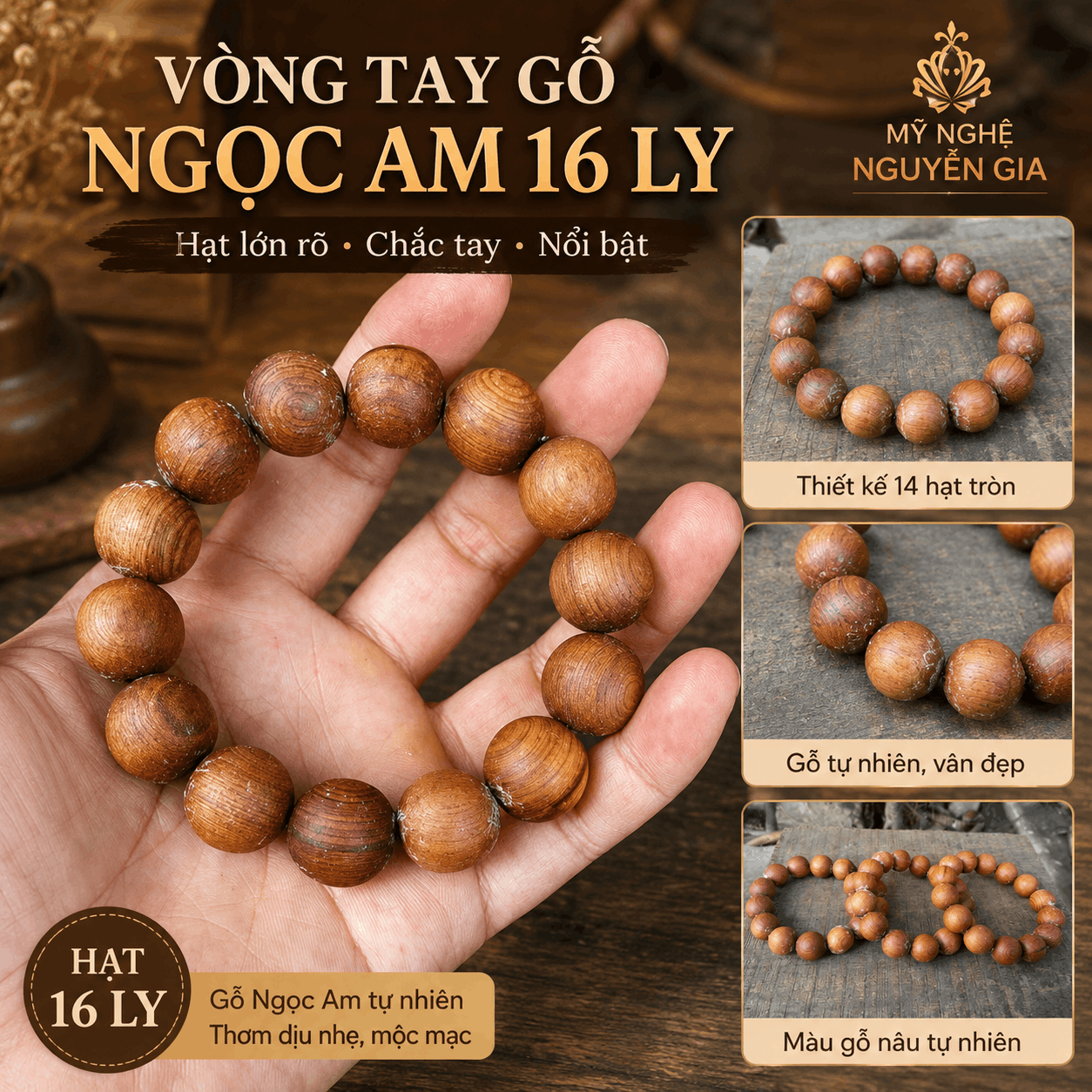 Vòng Tay Gỗ Ngọc Am 16 Ly Hạt Lớn, Nổi Bật Trên Tay