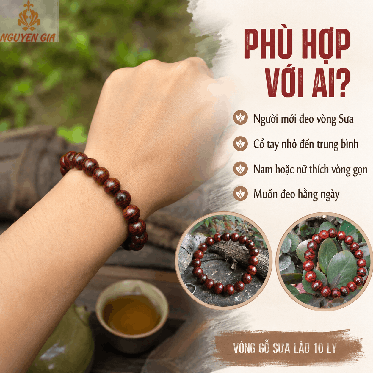 Vòng Tay Gỗ Sưa Lào 10 Ly Hạt Tròn, Gọn Dễ Đeo
