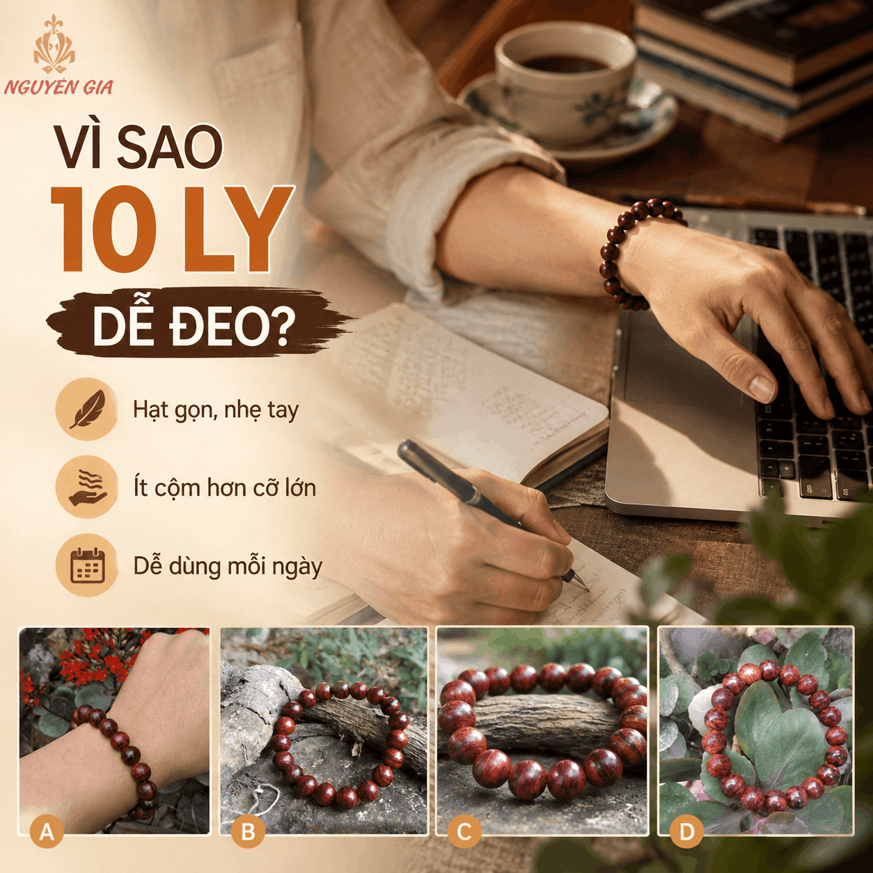 Vòng Tay Gỗ Sưa Lào 10 Ly Hạt Tròn, Gọn Dễ Đeo