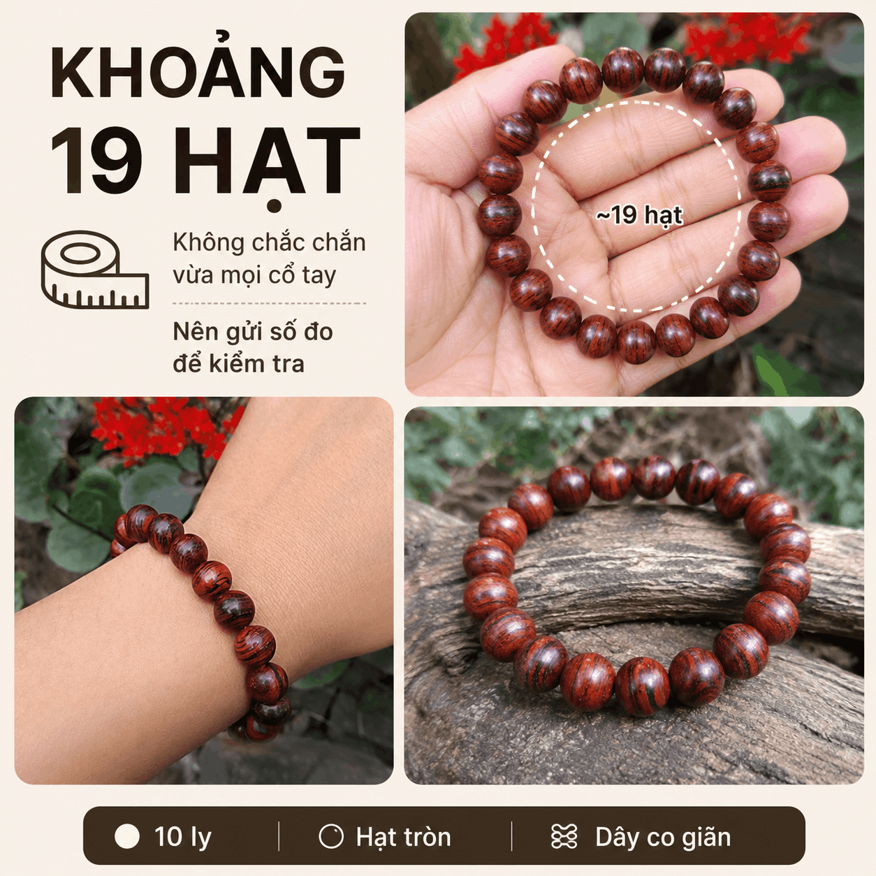 Vòng Tay Gỗ Sưa Lào 10 Ly Hạt Tròn, Gọn Dễ Đeo