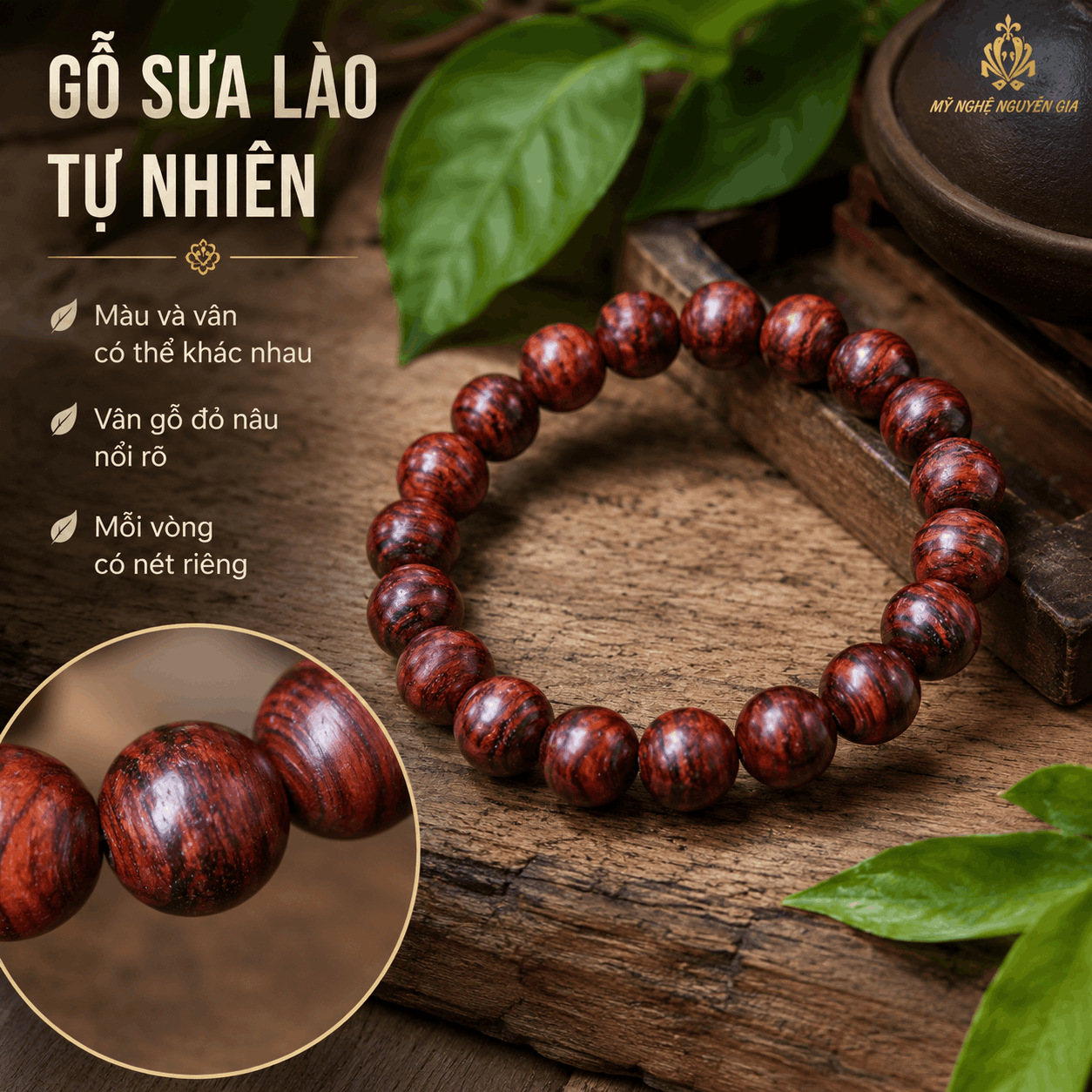 Vòng Tay Gỗ Sưa Lào 10 Ly Hạt Tròn, Gọn Dễ Đeo