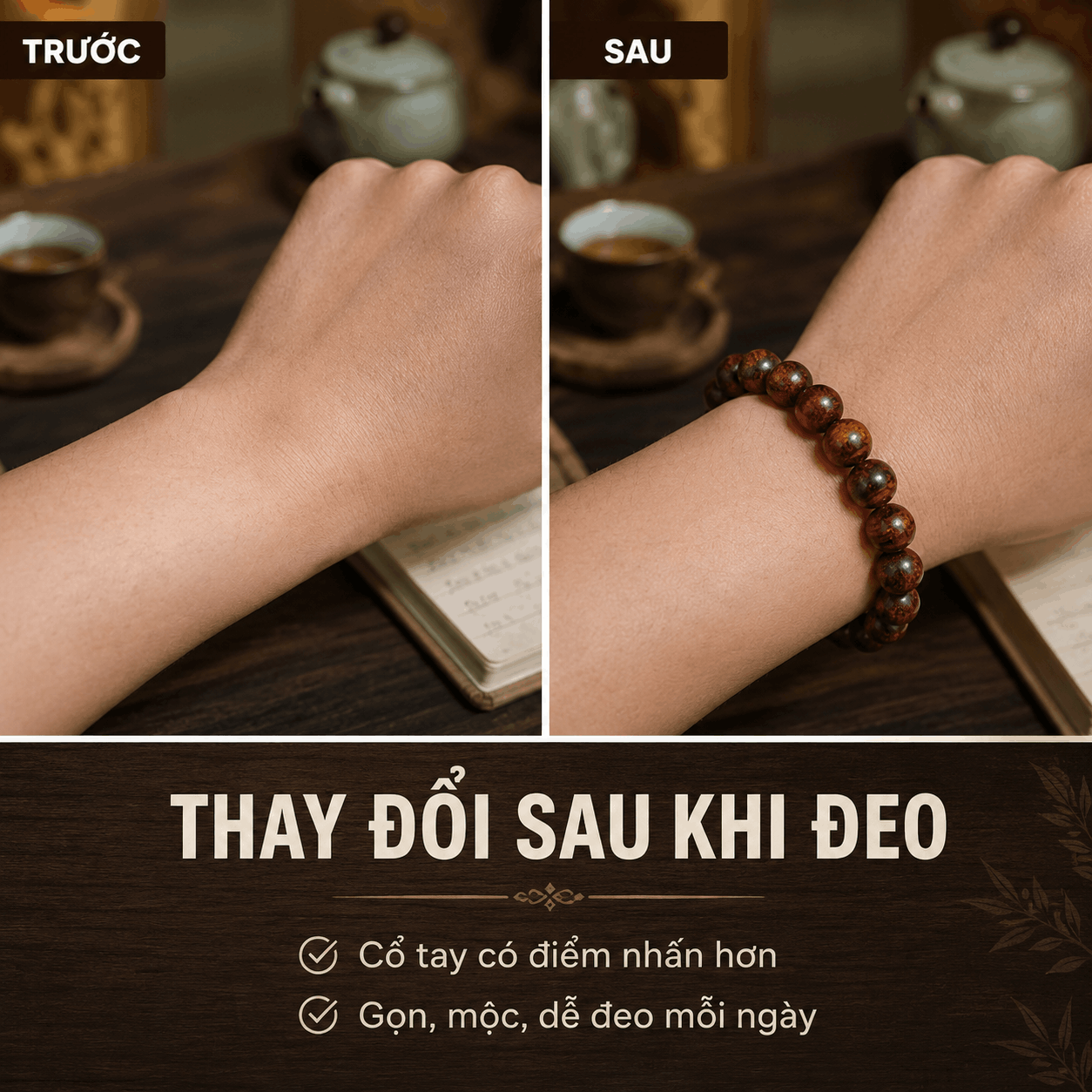 Vòng Tay Gỗ Sưa Lào 10 Ly Hạt Tròn, Gọn Dễ Đeo