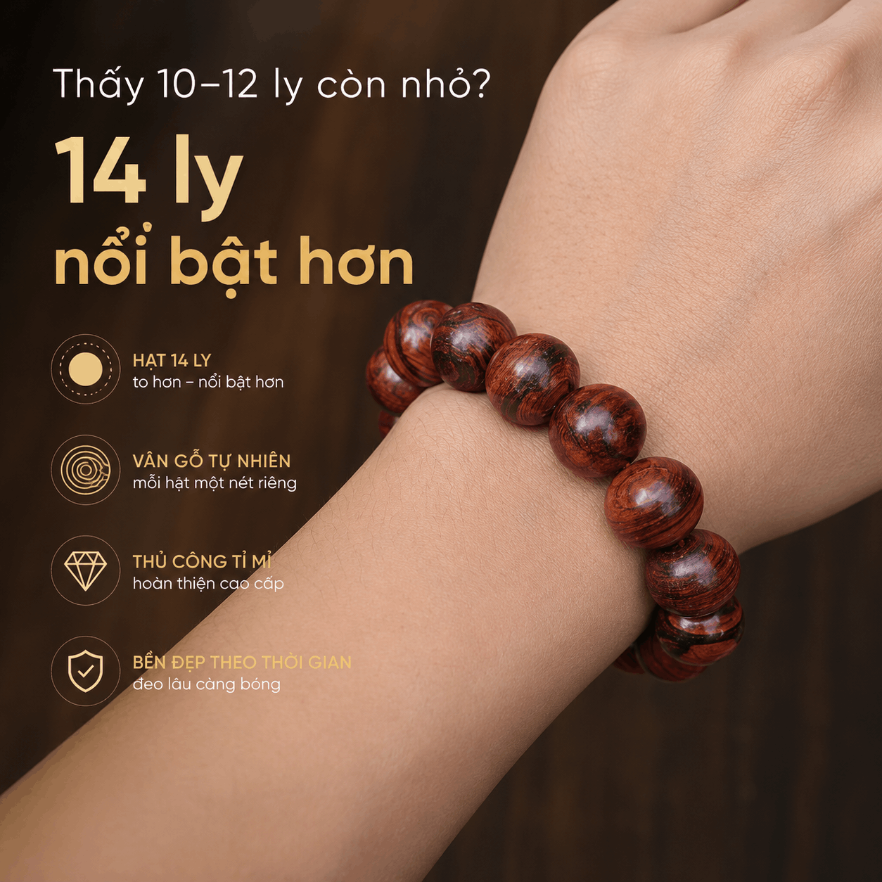 Vòng Tay Gỗ Sưa Lào 14 Ly Hạt Tròn, Nổi Bật Trên Tay