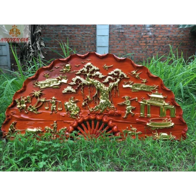 Tranh quạt treo tường mẫu đồng quê bằng gỗ Hương dài 1m