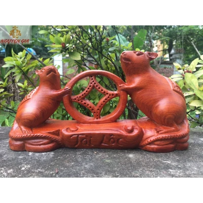 Tượng chuột phu thê phong thủy bằng gỗ Hương