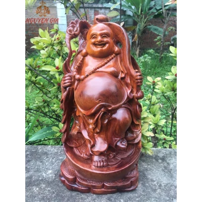 Tượng Di Lặc Vác Gậy Như Ý cao 47 Gỗ Hương