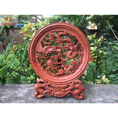 Đĩa gỗ mỹ nghệ phong thủy tứ linh (Mẫu Lọng)