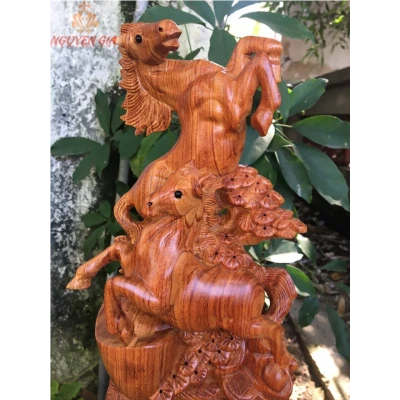 Tượng ngựa gỗ phong thủy song mã uyên ương phú quý