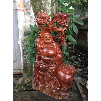 Tượng Di Lặc ngồi gốc đào cao 60 Gỗ Hương