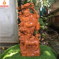 Tượng di lặc ngũ phúc cưỡi nghê cao 60 Gỗ Hương