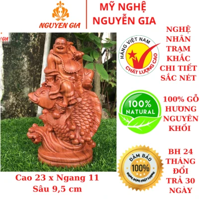 Tượng Di Lặc cưỡi cá chép cầm gậy như ý cao 23 Gỗ Hương