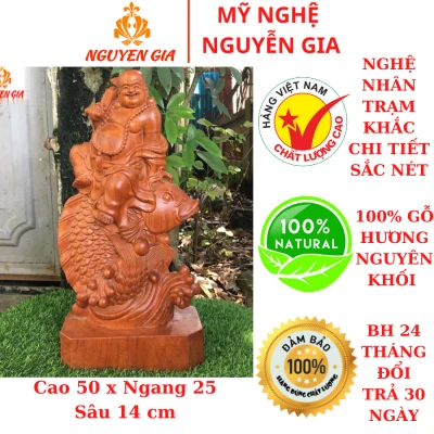 Tượng Di Lặc cưỡi cá chép cầm gậy như ý cao 50 Gỗ Hương