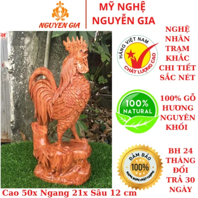 Tượng gà trống phong thủy bằng gỗ Hương cao 50 cm