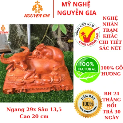 Tượng trâu phong thủy Vạn Sự Như Ý gỗ Hương ngang 29 cm