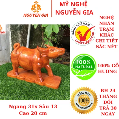 Tượng trâu phong thủy đứng núi tiền bằng gỗ Hương ngang 30 cm (Đế ghép)