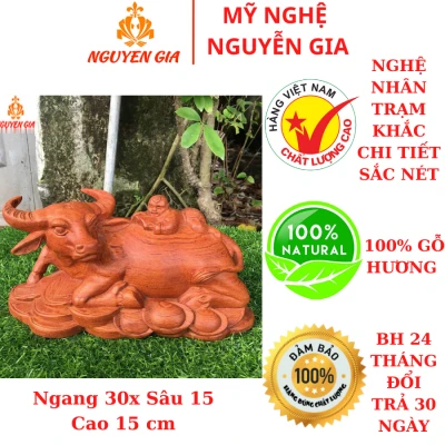 Tượng trâu phong thủy - Tiểu đồng cưỡi Trâu bằng gỗ Hương ngang 30 cm