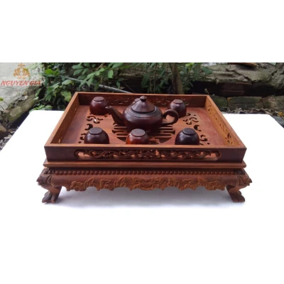 Khay trà gỗ trắc đỏ cao cấp lưỡng long (Mộc) (không bao gồm phụ kiện và ấm chén)