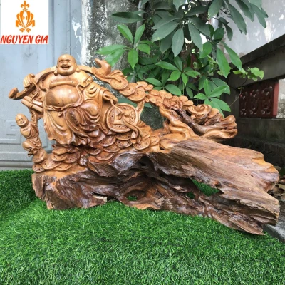 Tượng Di Lặc Vác Gậy như ý Nhất Phúc Gỗ Bách Xanh ngang 64 cao 40 sâu 30 cm