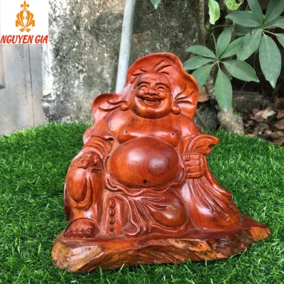 Tượng Di Lặc ngồi tựa lá sen cầm bao tiền Gỗ Hương Cao 17 ngang 20 sâu 8,5cm