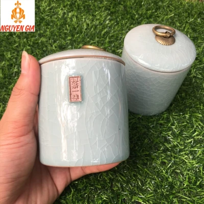 Hộp Đựng Trà Bằng Gốm Sứ Cao Cấp Men Rạn Giả Đá Hình Trụ Xanh Dương