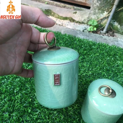 Hộp Trà Bằng Gốm Sứ Cao Cấp Men Rạn Giả Đá Hình Trụ Xanh Lá
