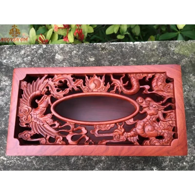 Hộp đựng khăn giấy bằng gỗ hương long phụng sum vầy