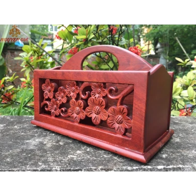 Kệ đựng văn phòng phẩm để bàn bằng gỗ hương trạm hoa mai