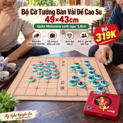 Bộ Cờ Tướng Bàn Vải Đế Cao Su 49×43cm – Quân Melamine Xanh Ngọc 3,8cm