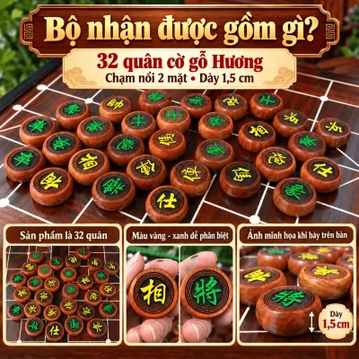 Quân Cờ Tướng Gỗ Hương 4cm – Bộ 32 Quân Chạm Nổi 2 Mặt