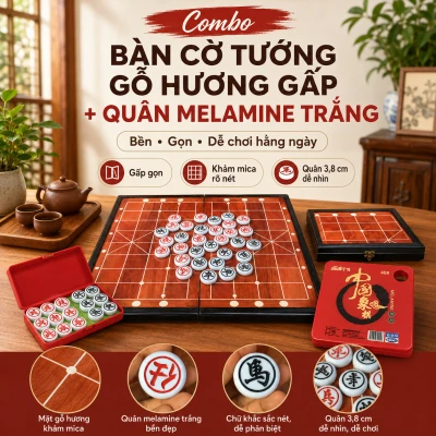 Combo Bộ Bàn Cờ Tướng Gỗ Hương Gấp Và Quân Melamine Trắng