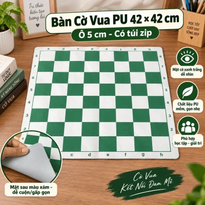 Bàn cờ vua PU 42 × 42 cm, ô 5 cm, Có Túi Zip