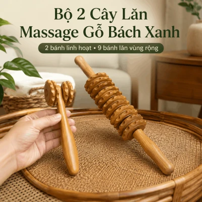 Bộ 2 Cây Lăn Massage Gỗ Bách Xanh – 2 Bánh Và 9 Bánh