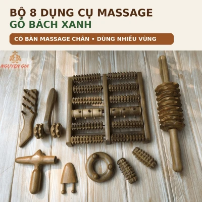 Bộ 8 Dụng Cụ Massage Gỗ Bách Xanh - Có Bàn Massage Chân, Dùng Nhiều Vùng