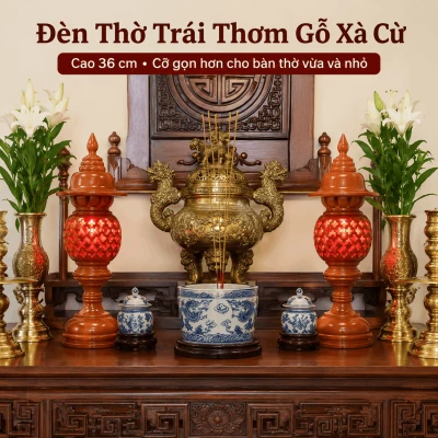 Đèn Thờ Trái Thơm Gỗ Xà Cừ Cao 36 cm