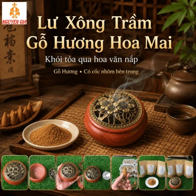 Lư Xông Trầm Gỗ Hương Hoa Mai – Khói Tỏa Qua Hoa Văn Nắp