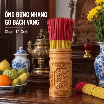 Ống Đựng Nhang Gỗ Bách Vàng (Bách Xanh Nghệ An) – Chạm Tứ Quý