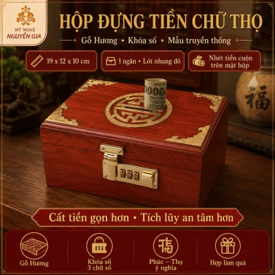 Hộp Đựng Tiền Chữ Thọ Khóa Số Gỗ Hương – Mẫu Truyền Thống