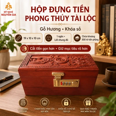 Hộp Đựng Tiền Phong Thủy Tài Lộc Gỗ Hương – Chạm Nổi, Khóa Số
