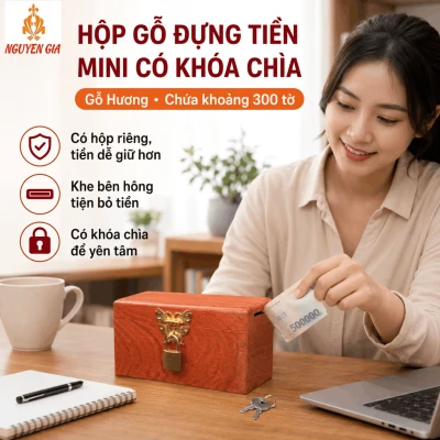 Hộp Gỗ Đựng Tiền Mini Có Khóa Chìa – Gỗ Hương Chứa 300 Tờ