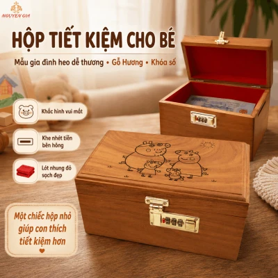Hộp Tiết Kiệm Cho Bé Mẫu Gia Đình Heo Dễ Thương – Gỗ Hương, Khóa Số