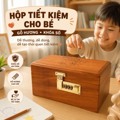 Hộp Tiết Kiệm Cho Bé Mẫu Mèo Và Chuột Dễ Thương – Gỗ Hương, Khóa Số